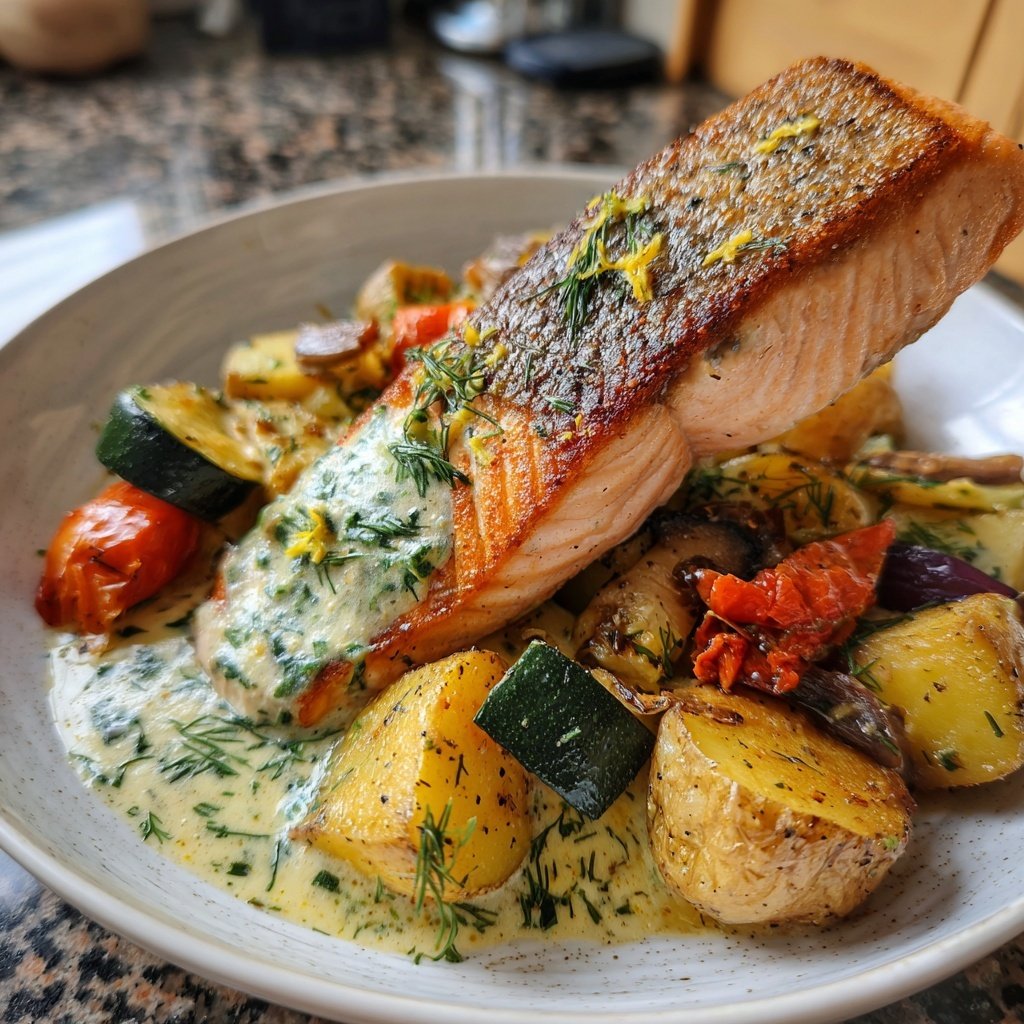 Lachs mit Ofengemüse & Zitronen-Dill-Sauce