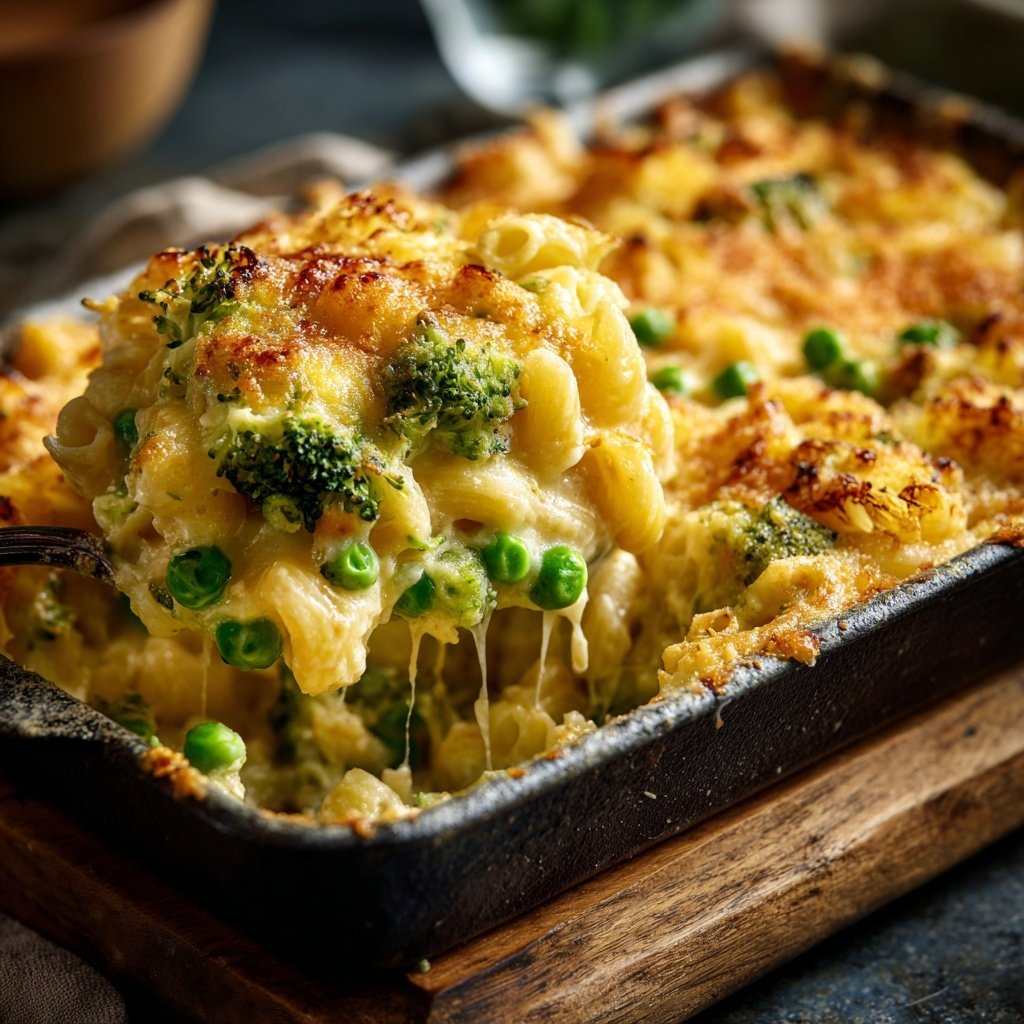 Vegetarischer Nudelauflauf mit Brokkoli und Erbsen